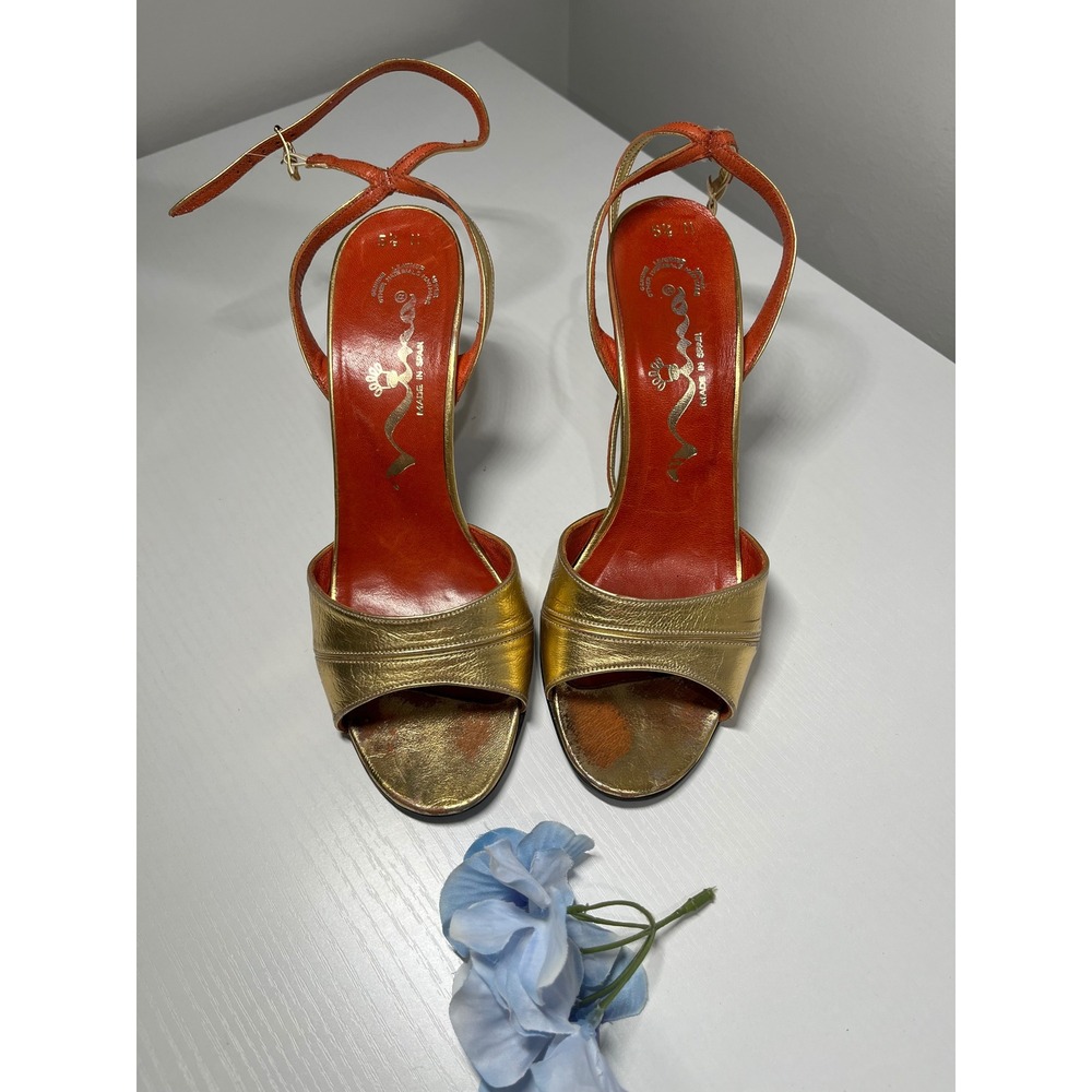 Nina Vintage Metallic Gold Strappy Heeled Sandals Made in‎ Spain Size 5.5 M